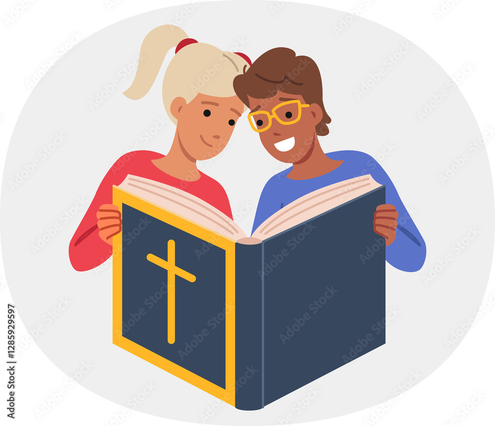 Childrens bible in hands of little boy and girl studying christian literature about catholic faith. Kids book bible with religious crucifix on cover, to explain gospel in accessible language