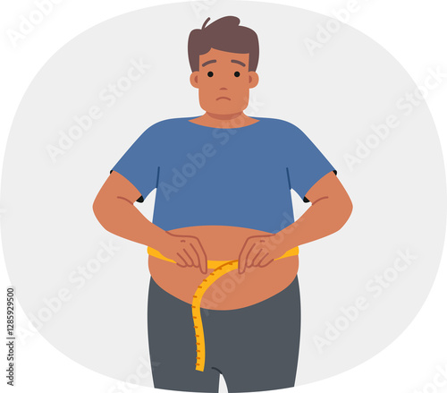 Fat man suffering from obesity measures waist and sadly looks at screen, looking for help. Problem of obesity upsets guy who does not follow diet due to lack of willpower and motivation