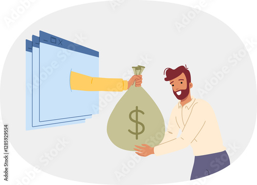 Obraz na płótnie Man makes money on internet, and receives bag of dollars from hand sticking out of computer windows. Guy makes money from freelancing and online business thanks to good knowledge of technology w salonie