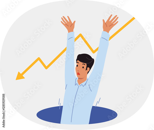 Obraz na płótnie Man falls into crisis pit and raises hands up calling for help to avoid bankruptcy. Crisis graph near guy who was fired from job and suffering professional failures on way to success w salonie