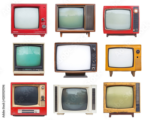 Nine Retro Televisions With Various Colored Bodies and Screens on Transparent Background
