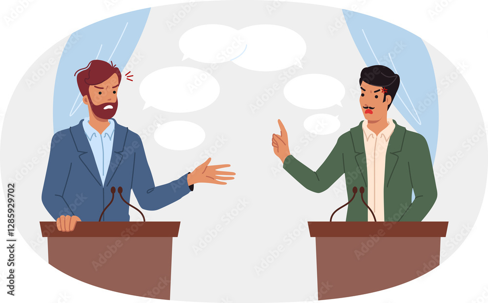 Political debate between two male candidates for senator or president standing behind podium. Political debate before adoption of socially important law on migration or environmental issues