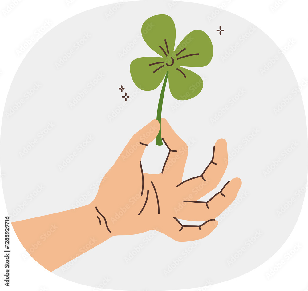 Clover in hand of man who picked plant and made wish to achieve good luck and fortune. Green quatrefoil clover symbolizes holiday of Saint Patrick Day promising growth or prosperity