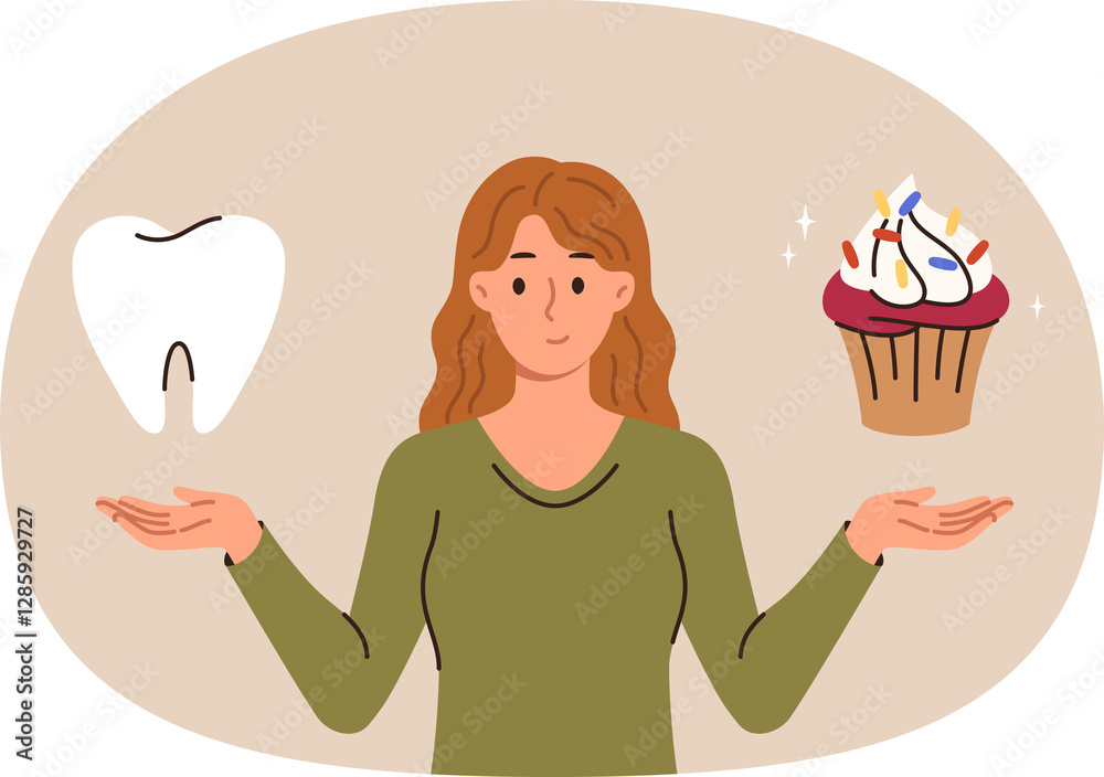 Woman calls to think about problem of caries caused by eating sweet foods, holds giant tooth and muffin in hands. Young girl doubts whether should eat dessert because of risk of caries.