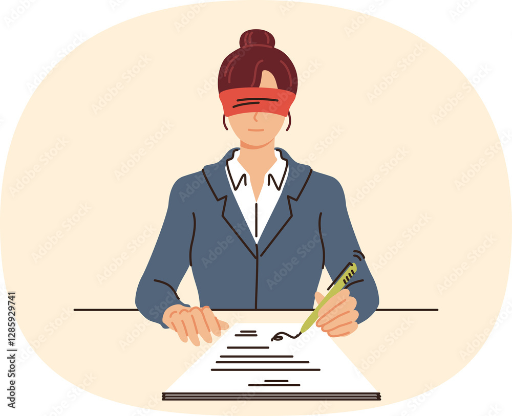 Business woman signs contract without looking, out of complete trust in partner, sitting in office blindfolded. Blind submission of nda contract is caused by importance of avoiding information leakage