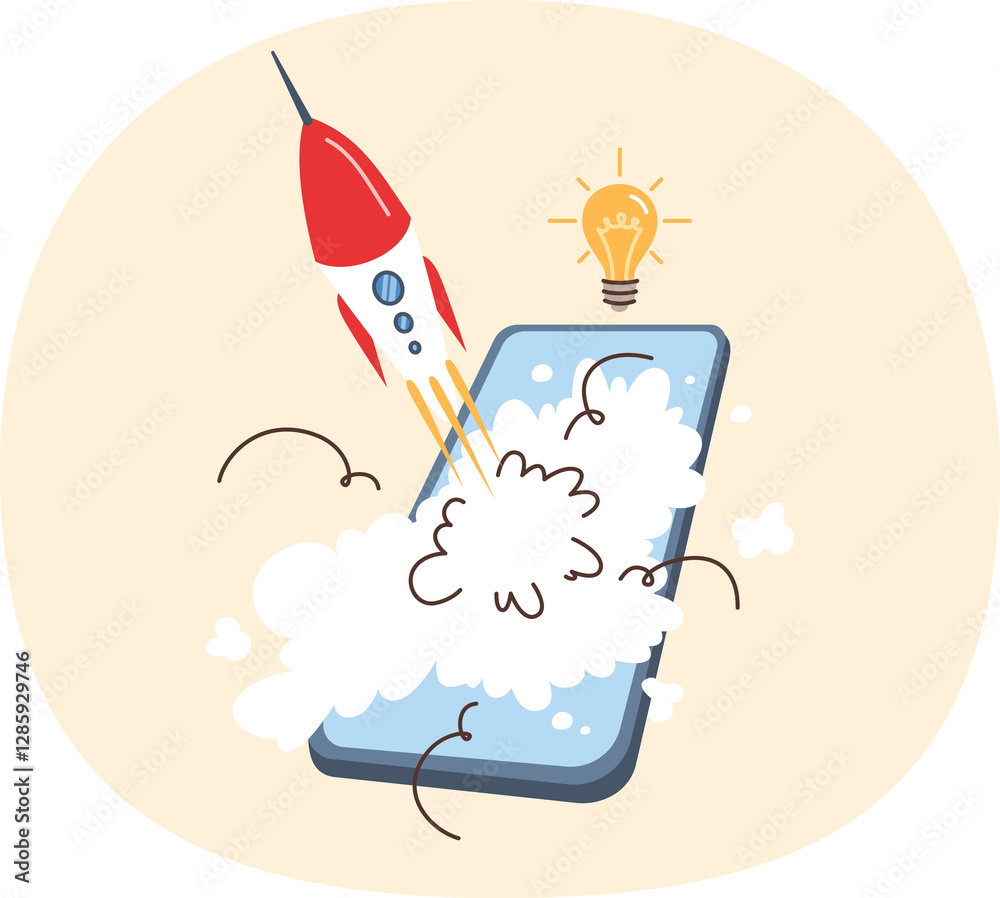 Mobile phone with rocket launch, metaphor for new startup with application for smartphone users. Successful launch of business project using modern technologies and mobile gadgets.