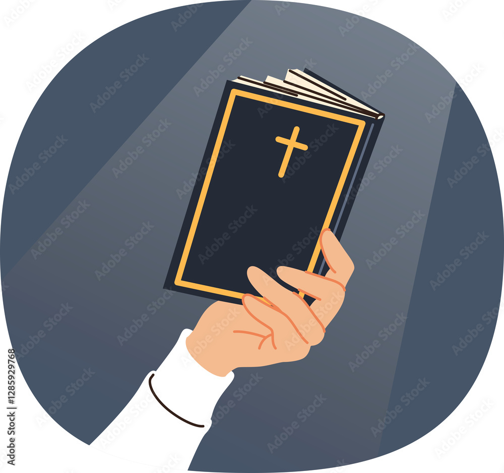 Holy bible in hand of man reading prayers and commandments written by jesus, with christian cross on cover. Religious bible for catholic and orthodox believers studying gospel or old testament