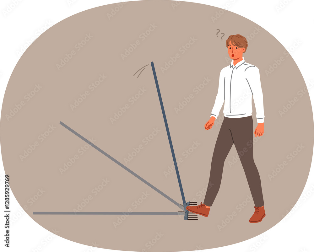Business man steps on rake, risking injury, for concept of bankruptcy due to mistake. Stupid guy makes mistake, needing to improve intellectual and professional knowledge of problem solving