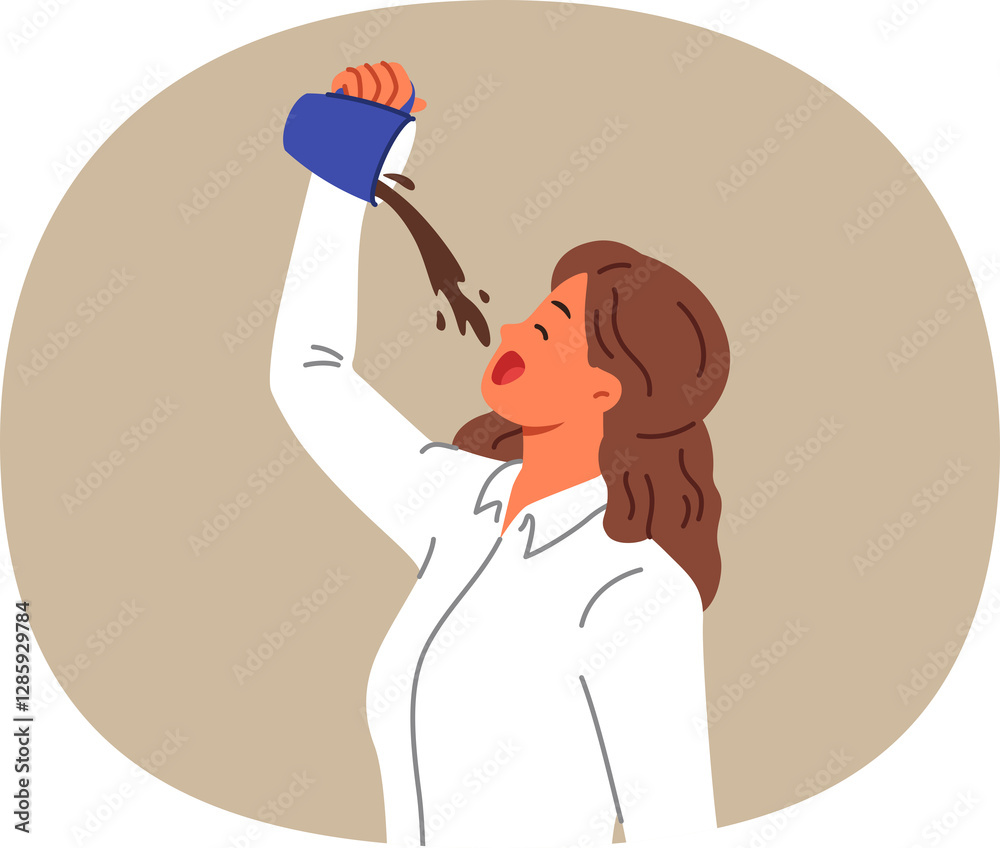 Woman office clerk drinks lot of coffee to gain energy and do enough work to get new position. Businesswoman pours coffee from mug into mouth, restoring strength during short break between meetings