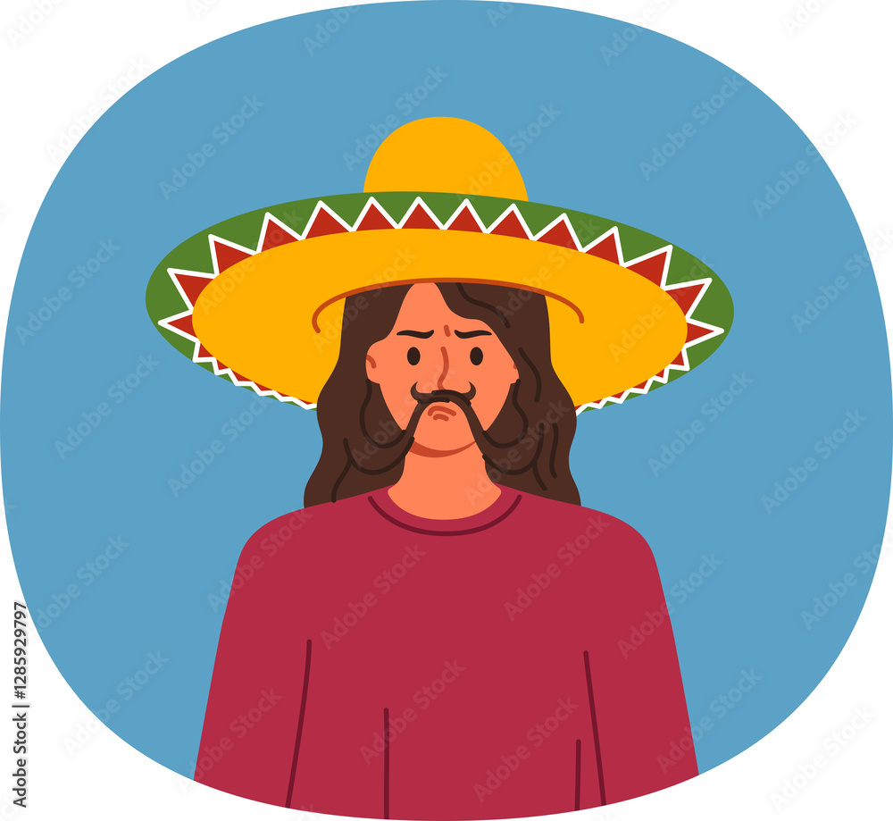 Mexican sombrero hat is on head of woman making mustache out of hair and showing funny grimace. Girl in traditional sombrero inviting you to entertaining cultural festival in mexico