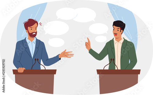 Obraz na płótnie Political debate between two male candidates for senator or president standing behind podium. Political debate before adoption of socially important law on migration or environmental issues w salonie