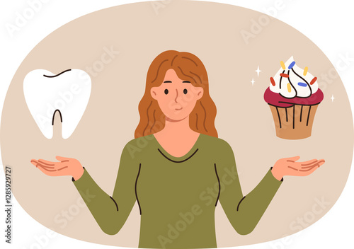 Woman calls to think about problem of caries caused by eating sweet foods, holds giant tooth and muffin in hands. Young girl doubts whether should eat dessert because of risk of caries.