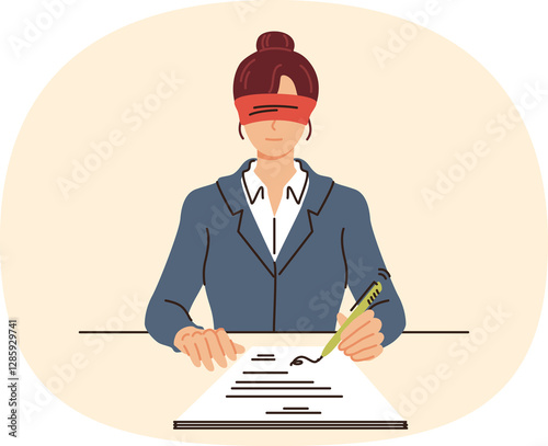 Obraz na płótnie Business woman signs contract without looking, out of complete trust in partner, sitting in office blindfolded. Blind submission of nda contract is caused by importance of avoiding information leakage w salonie