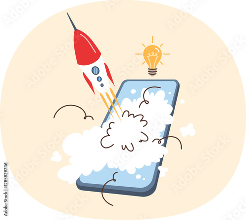 Obraz na płótnie Mobile phone with rocket launch, metaphor for new startup with application for smartphone users. Successful launch of business project using modern technologies and mobile gadgets. w salonie