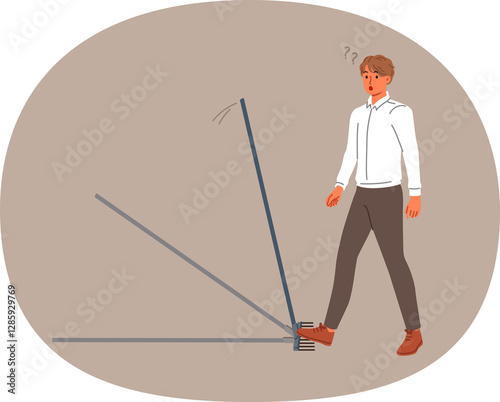 Obraz na płótnie Business man steps on rake, risking injury, for concept of bankruptcy due to mistake. Stupid guy makes mistake, needing to improve intellectual and professional knowledge of problem solving w salonie