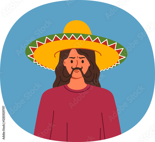 Obraz na płótnie Mexican sombrero hat is on head of woman making mustache out of hair and showing funny grimace. Girl in traditional sombrero inviting you to entertaining cultural festival in mexico w salonie