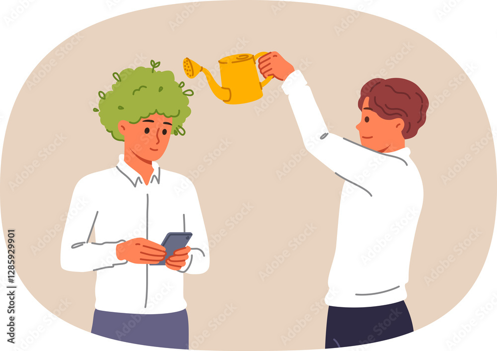 Man manager takes care of employees, uses watering can as metaphor for investing in company personnel. Caring boss develops next generation of company employees for future success.
