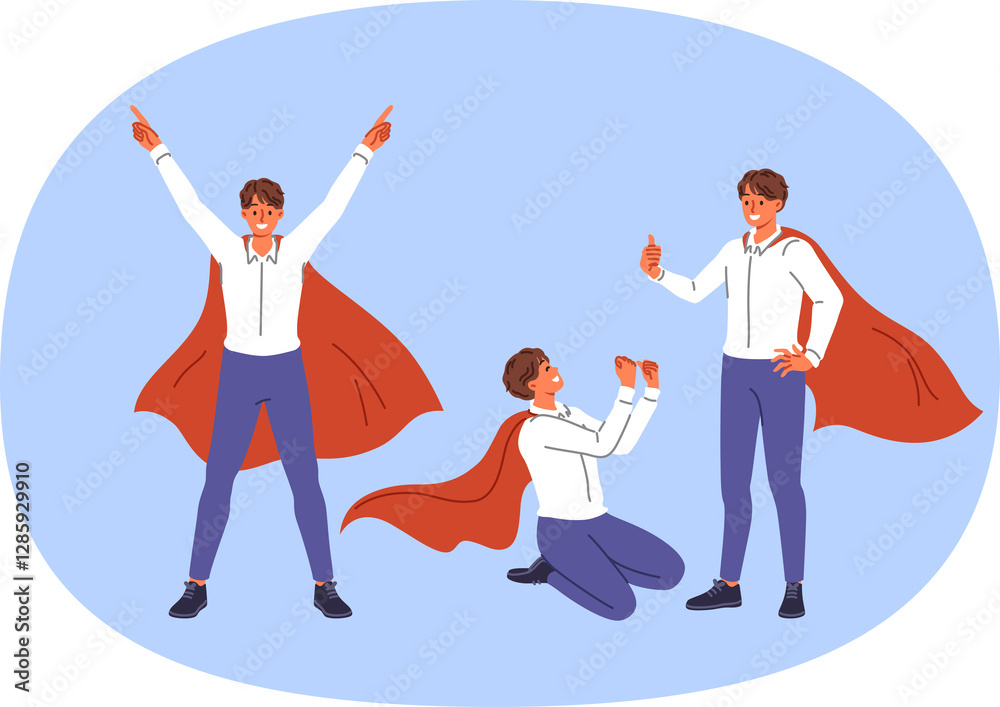 Business man in superhero cape rejoices in victory, taking different poses and making joyful gestures after achieving success. Guy specializes in crisis management celebrates another victory