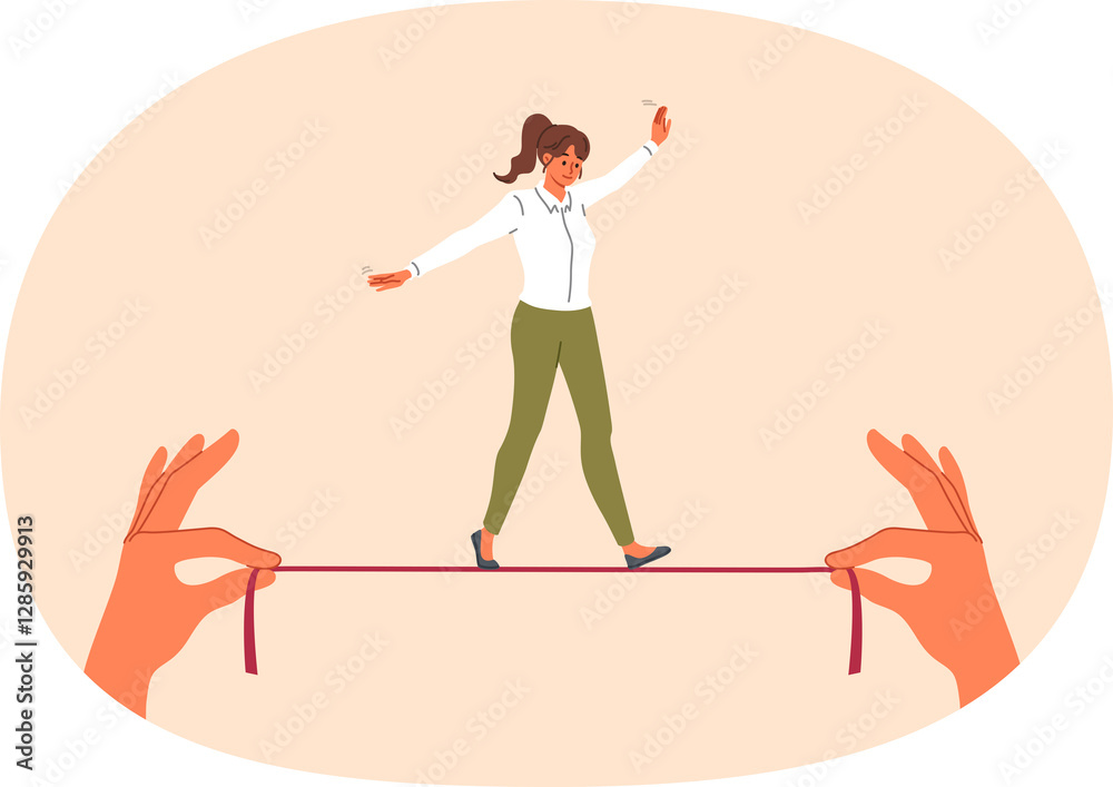 Businesswoman takes risks, walking thin tightrope in hands of employer, demonstrating ability to balance while achieving goal. Successful girl in business clothes shows balance skills
