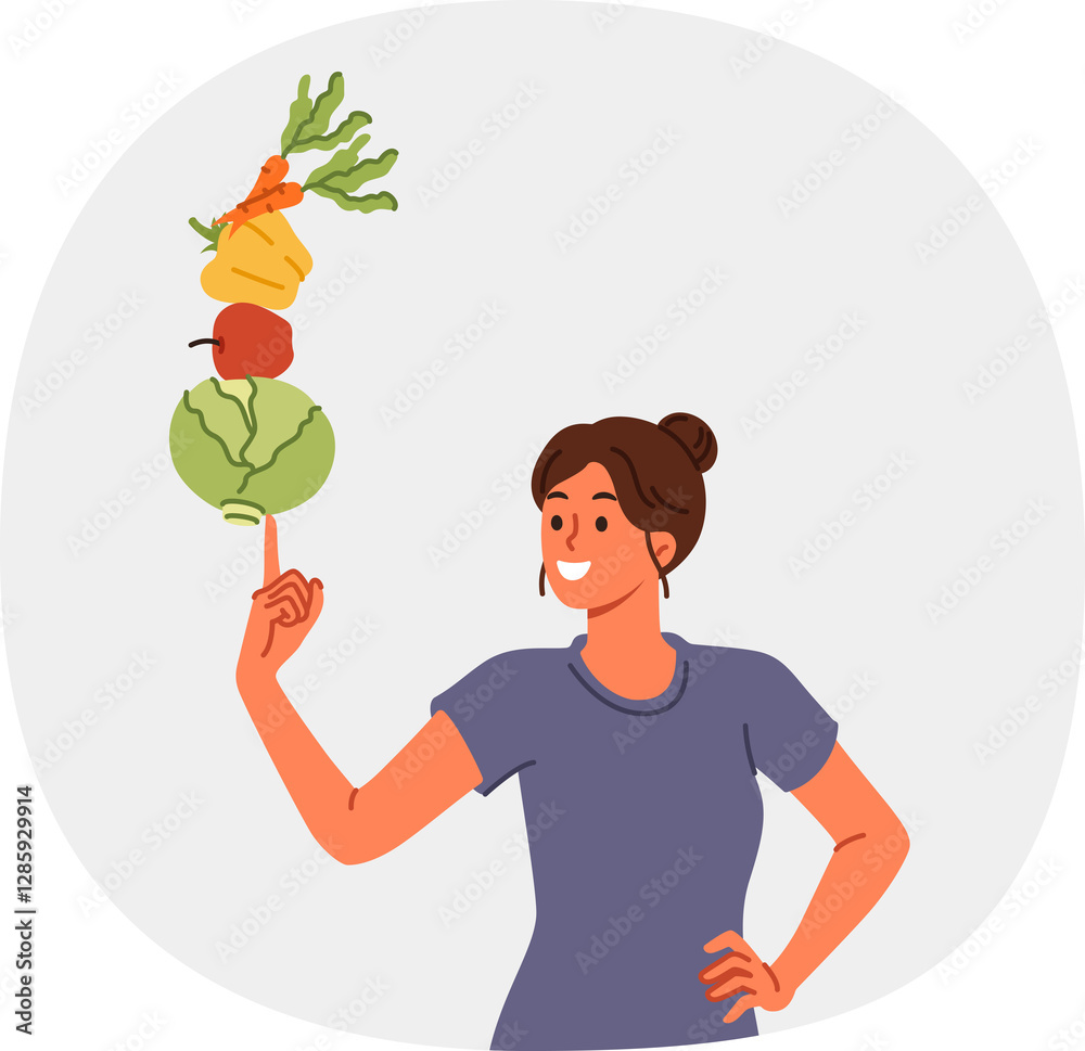 Woman follows balanced diet of vegetables and fruits leads healthy lifestyle thanks to proper nutrition. Vegetarian girl recommends new diet to detoxify body and lose excess weight.