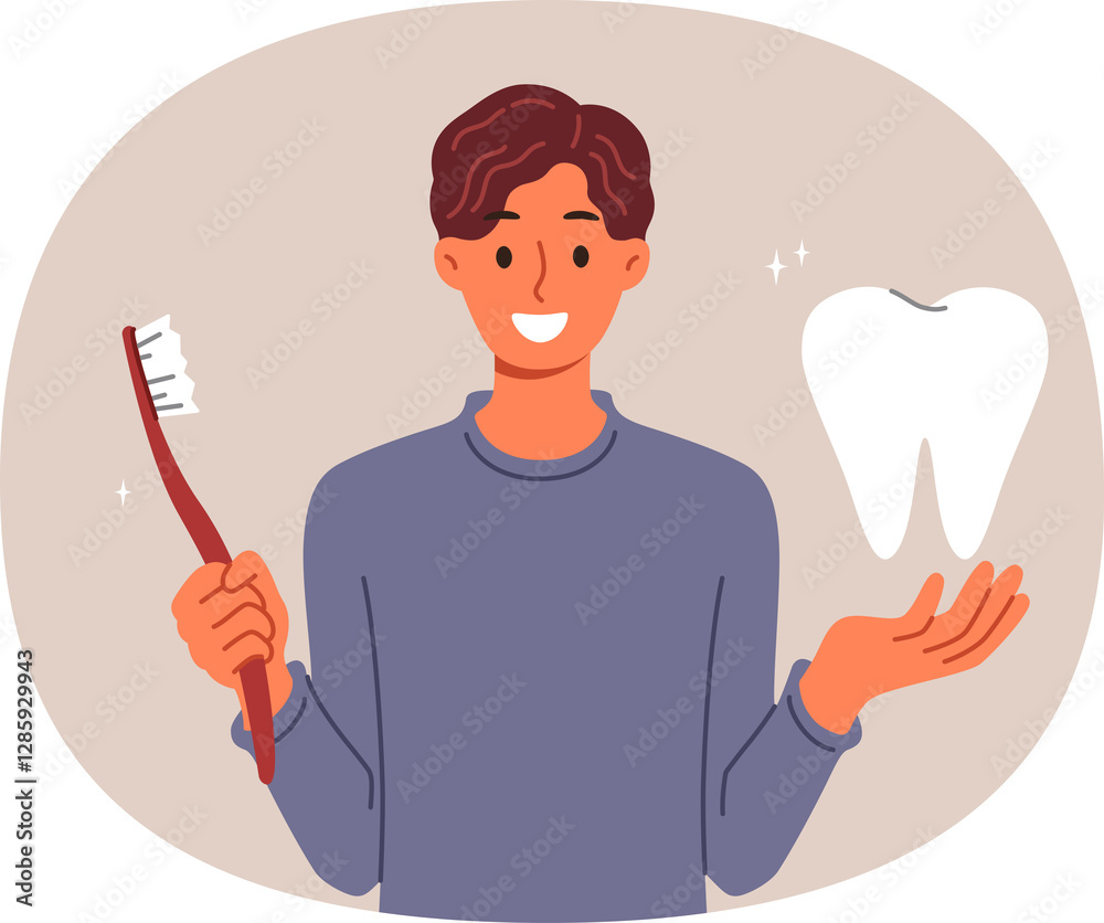 Man recommends brushing teeth well using right toothbrush to prevent caries. Guy is reminded of importance of oral hygiene and preventative control of caries by showing giant crown and brush
