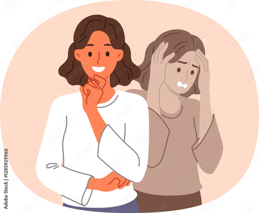 Outwardly happy woman hides bad emotions and smiles, trying not to bother others with problems. Business lady experiencing depressed emotions demonstrates calmness thanks to self-confidence.