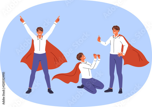 Obraz na płótnie Business man in superhero cape rejoices in victory, taking different poses and making joyful gestures after achieving success. Guy specializes in crisis management celebrates another victory w salonie