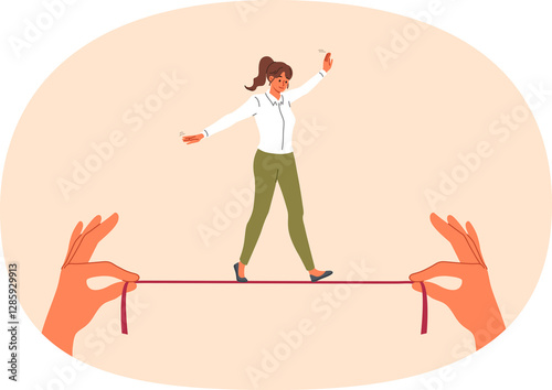 Obraz na płótnie Businesswoman takes risks, walking thin tightrope in hands of employer, demonstrating ability to balance while achieving goal. Successful girl in business clothes shows balance skills w salonie