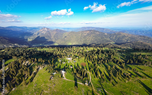 Aerial view of Velika Planina, Slovenia, a beautiful alpine pasture in the heart of the slovenian alps