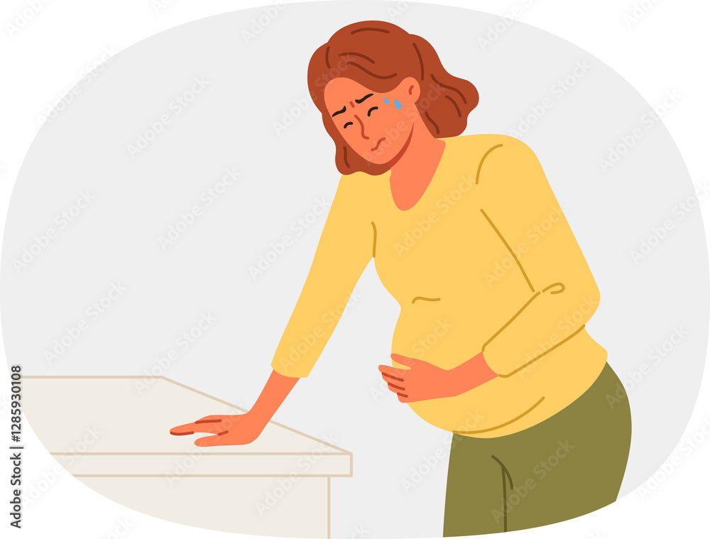 Pregnant woman holds stomach, standing near cabinet, experiencing pain due to complications caused by fetal development disorders. Pregnant girl needs hospitalization to avoid miscarriage