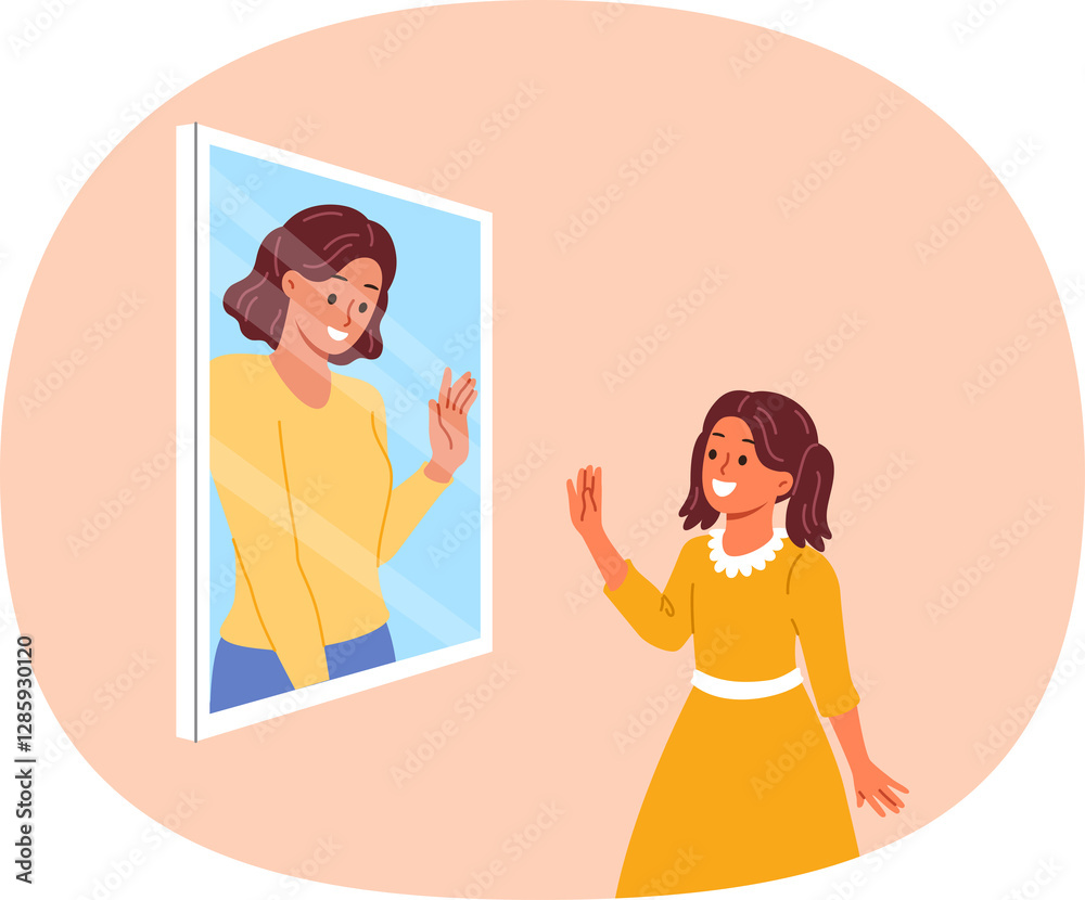 Mental connection between generations, in form of little girl looking in mirror and seeing mother saying hi. Schoolgirl dreams of becoming adult and sees herself in future, after change of generations