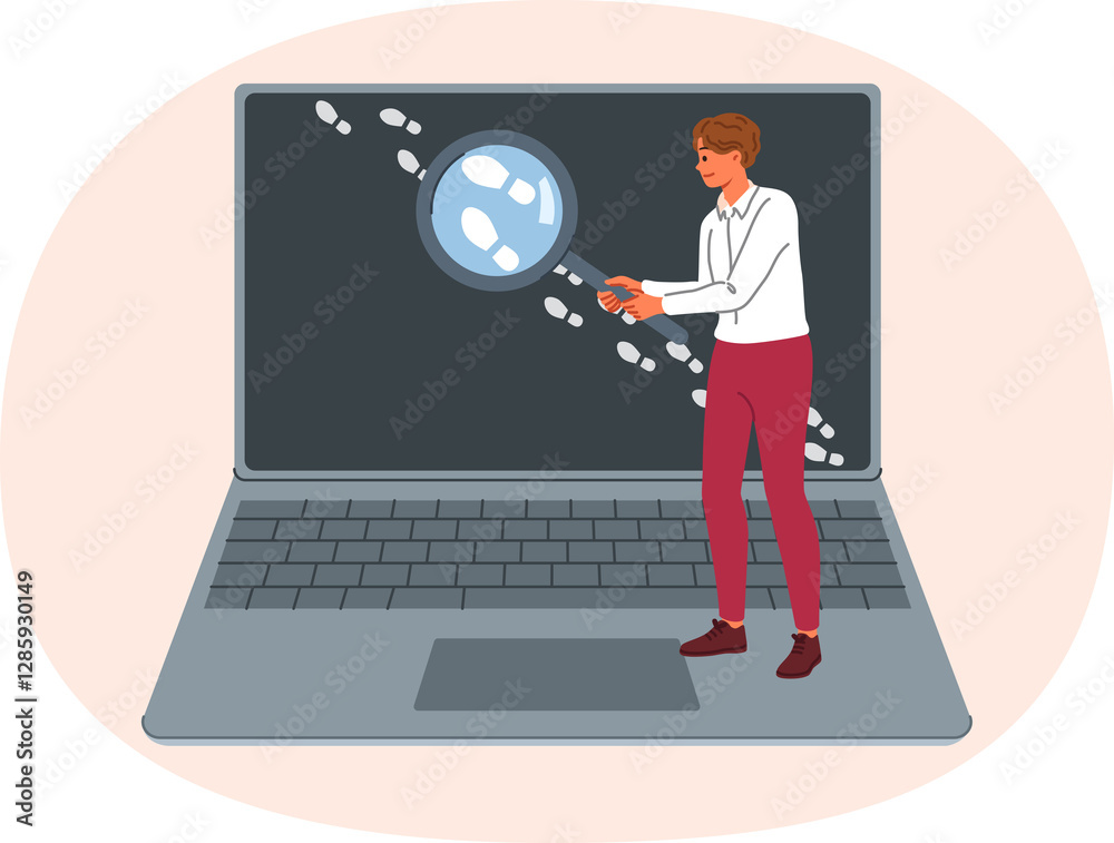 Man is looking for traces on internet, working as OSINT specialist and holding magnifying glass near laptop screen. Detective uses OSINT techniques for reconnaissance using open sources