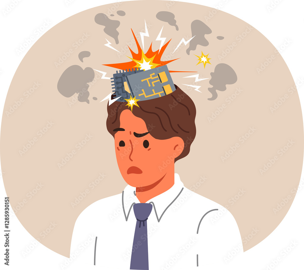 Man robot with exploding computer boards in head due to overload with work tasks. Bionic robot with damaged PCB instead of brain needs repair or replacement of components with new ones