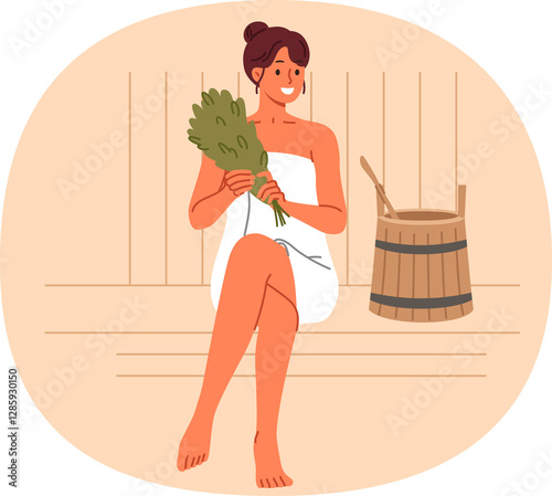 Woman sits in bathhouse and smiles, enjoying thermal treatments that improve well-being and get rid of toxins. Girl visitor to bathhouse holds birch broom located near wooden bucket