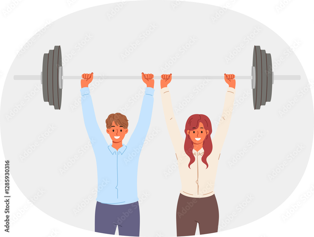 Team of business employees lifting barbell together, demonstrating teamwork on complex project. Office team is proud of synergy and ability to reach new heights and cope with challenges
