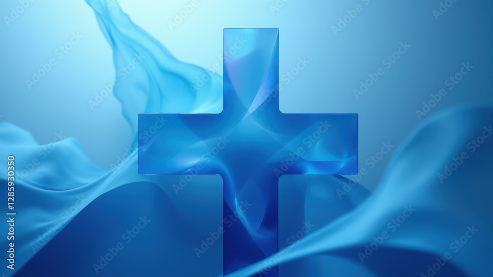 Fototapeta premium Christian symbol with cross over blue waves.