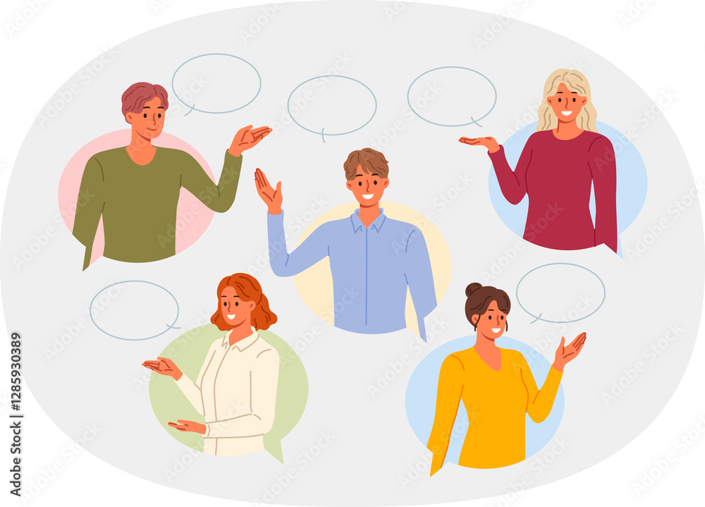 People are happy to communicate and share information, stands under conversation clouds, for business conference concept. Communication between men and women who are ready to talk and express opinions