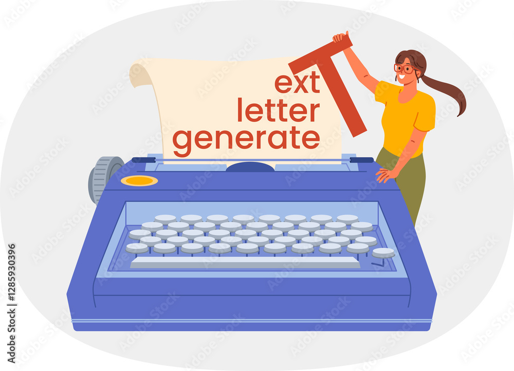 Woman journalist or copywriter stands near huge old typewriter with slogan text letter generate. Girl journalist offers services for writing articles for newspapers or online magazines