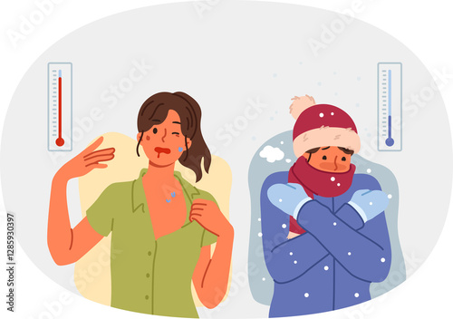Extreme weather conditions cause problems for people suffering from winter cold and summer heat. Man suffers because of snow and woman feels exhausted in hot weather, for concept of climate change