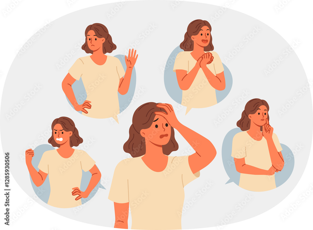 Woman with negative emotions shows different grimaces symbolizing resentment and disgust or hatred. Surprised and thoughtful lady feels negative, due to bad combination of life circumstances
