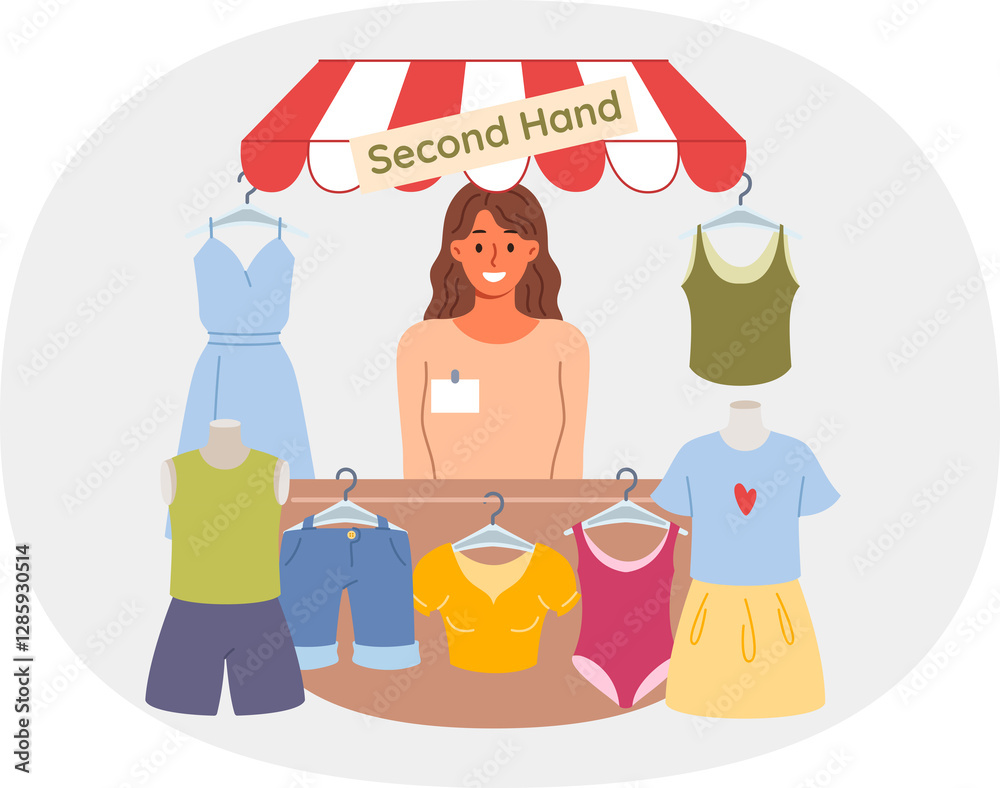 Woman selling second hand shop smiles and looks at screen, urging to buy cheap clothes. Girl owner of second hand or garage sale with already used t-shirts and shorts, with good discount on purchase