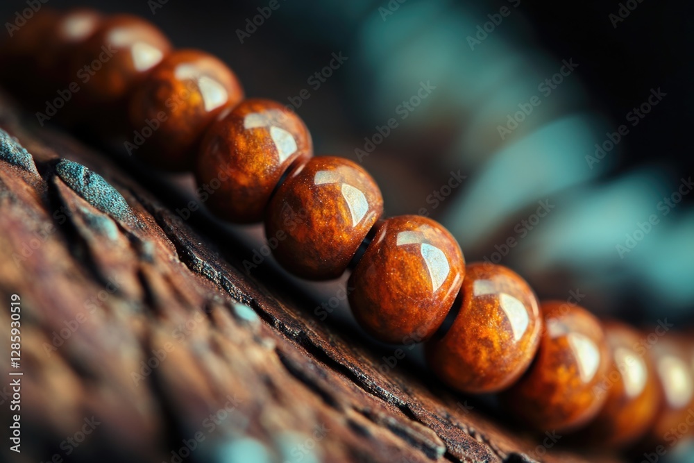 A close-up shot of a single wooden bead sitting on a piece of wood, great for craft or DIY projects A close-up shot of a single wooden bead sitting on a piece of wood, great for craft or DIY projects