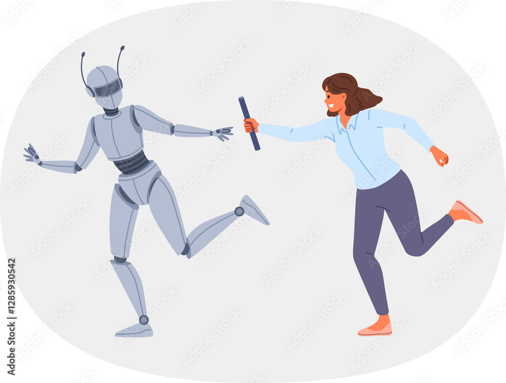 Collaboration human and robot working together towards goal to achieve success in business. Female manager uses robot with artificial intelligence to increase efficiency of own work.