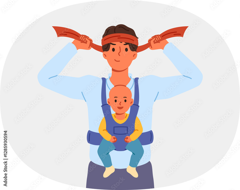 Man super father with baby in arms, tying bandage on head and preparing to raise son on own. Businessman father wants to work and raise child at same time, due to absence of mother and nanny for baby