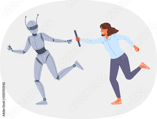 Obraz na płótnie Collaboration human and robot working together towards goal to achieve success in business. Female manager uses robot with artificial intelligence to increase efficiency of own work. w salonie