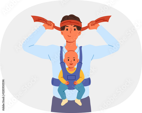 Obraz na płótnie Man super father with baby in arms, tying bandage on head and preparing to raise son on own. Businessman father wants to work and raise child at same time, due to absence of mother and nanny for baby w salonie