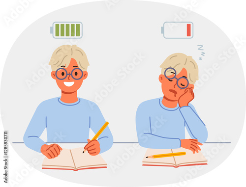 Exhausted schoolboy doing homework, showing comparison before and after healthy sleep or rest. Exhausted boy makes notes in notebook doing extracurricular work as assigned by teacher.