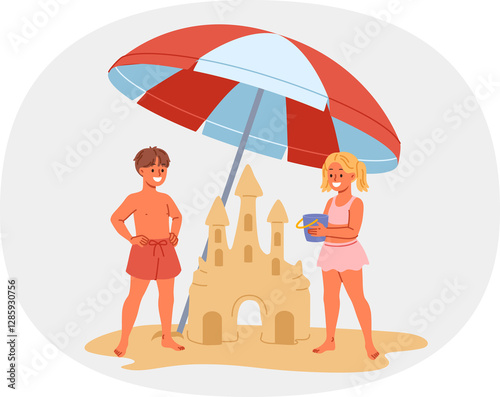 Obraz na płótnie Children build sand castle on beach, standing with umbrella to protect them from sun. Little positive boy and girl play together on beach during summer trip to sea or ocean with parents w salonie