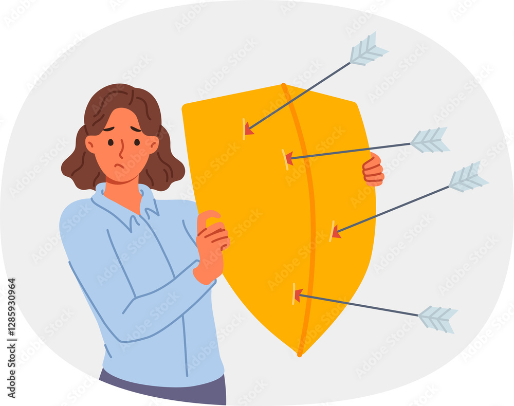 Upset woman defends from arrows of enemies, covering with shield to avoid injury. Girl defends and demonstrates defense mechanism that allows to escape from risk to life of elemental disorder