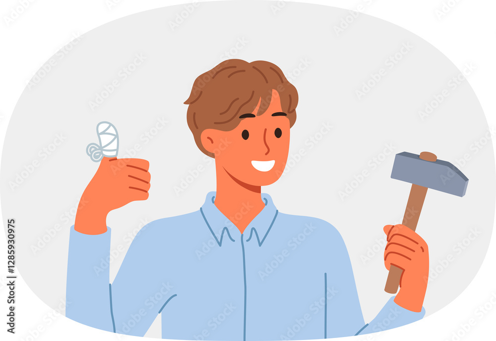 Man injured finger using hammer to drive nail, shows thumbs up and reports that everything is OK. Young guy has finger injury with bandages applied to stop bleeding and avoid infection